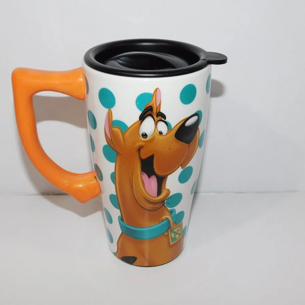 Scooby Doo Teal White Polka Dot Ceramic Travel Mug Tumbler 18 oz Hot Cold Coffee - Picture 2 of 6